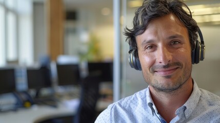 Obraz premium Man wears headphones while working in office.