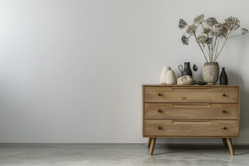 Wooden dresser in warm neutral color in an interior design room composition. Minimalistic chic interiors with copyspace for text.