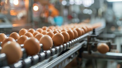 Eggs align on a conveyor belt in an automated food processing plant