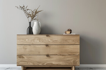 Wooden dresser in warm neutral color in an interior design room composition. Minimalistic chic...