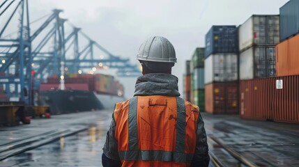 Fototapeta premium Man looks out over shipping yard.