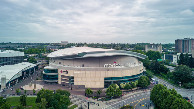 Moda Center, a arena in Portland Oregon, aerial photo. 