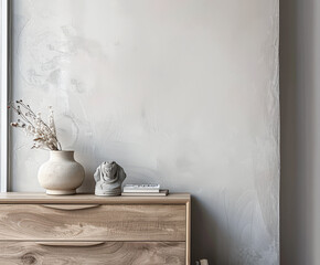 Wooden dresser in warm neutral color in an interior design room composition. Minimalistic chic interiors with copyspace for text.