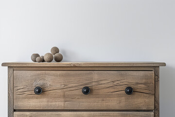 Wooden dresser in warm neutral color in an interior design room composition. Minimalistic chic interiors with copyspace for text.