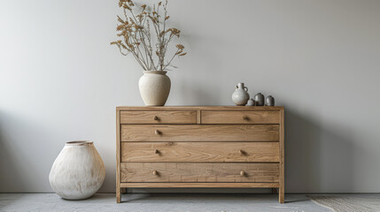 Wooden dresser in warm neutral color in an interior design room composition. Minimalistic chic interiors with copyspace for text.