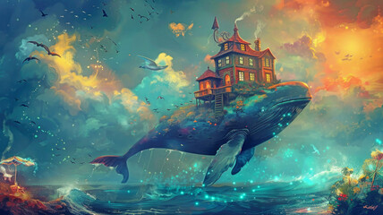 Soaring with seagulls, a magical fairy-tale whale with a house on its back flies in the sky over the ocean