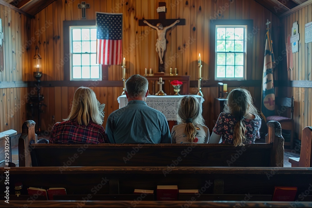 Wall mural Family sitting on the bench in small church and praying