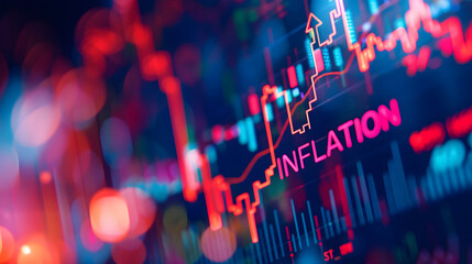 The word INFLATION is written on the background of an arrow pointing and showing money and stock market charts, Stock market exchange analysis business and finance, Money losing inflation deflation