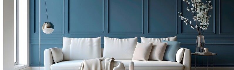 Blue background with modern furniture and interior design.