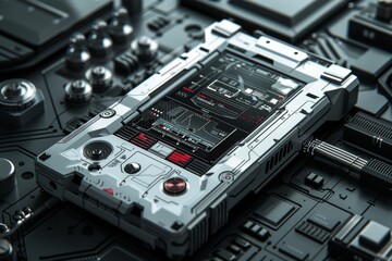 Fototapeta premium A magazine cover featuring a cutting-edge mp3 player with a sci-fi 3D design, presented with impeccable composition and attention to detail