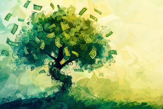 A detailed illustration of a tree with branches made of currency symbols, representing global investment growth