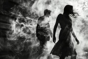 An editorial image portraying a couple at a pivotal moment, deciding to leave while being pursued, filled with dramatic tension