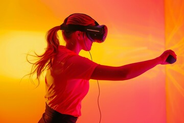 A dynamic image of a woman playing a VR sports game, her movements tracked and mirrored by the virtual environment