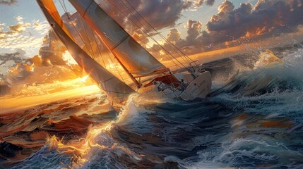 Dynamic sailboat racing, cutting through ocean waves at sunset
