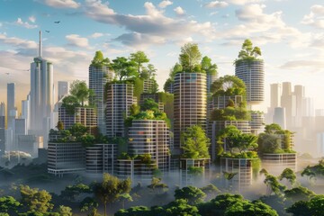 Fototapeta premium A futuristic city skyline with trees growing on top of buildings, illustrating sustainable investment and growth