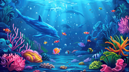 A dolphin underwater among a variety of bright colored algae. World Ocean Day