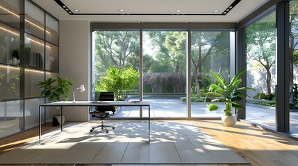 features a modern, minimalist office space with floor-to-ceiling windows that offer a serene view of a lush garden