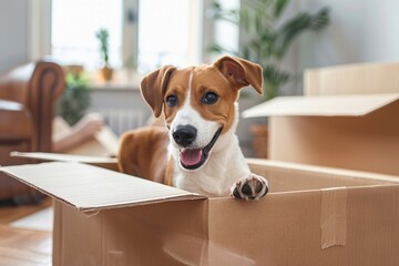 Family with kids and pets moving to new home. Cute dog sitting in cardboard box. Moving to new home, packing and unpacking boxes, relocation, renovation, removals and delivery service concept
