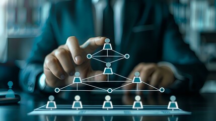 A business professional in a suit is depicted arranging a virtual organizational chart, symbolizing the structure and hierarchy within a company