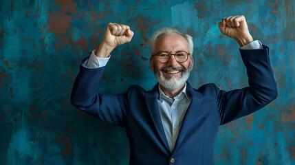 A joyful elderly man with a white beard and glasses celebrates with his arms raised in victory