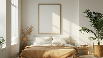 Frame mockup, modern living room interior with cozy bed