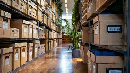 A neatly organized storage room lined with shelves filled with uniformly labeled cardboard boxes