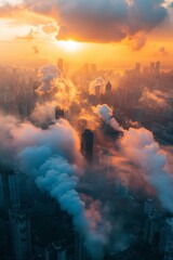 Aerial view of dense smoke over the urban skyline at sunset