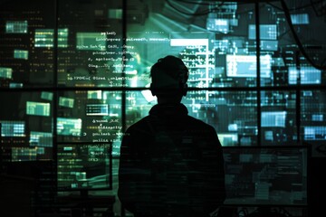 A shadowy figure in front of multiple computer screens displaying lines of code and warning messages, representing cyber threats