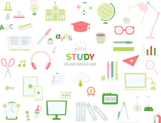 勉強　文具　イラスト　線なし　手描き風　学校　学習　学校　シンプル　PC 　ノート　デスク周り