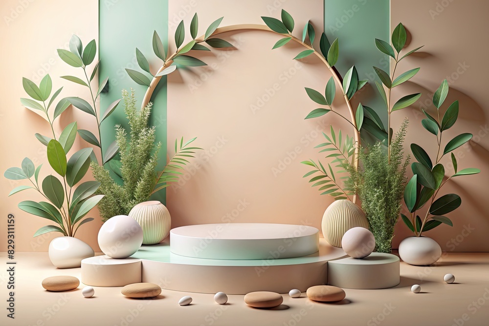 Wall mural Minimalist podium with greenery and vases in a modern setting.