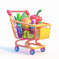 A shopping 3d cart with Daily necessities inside, in the style of a cartoon, icon design