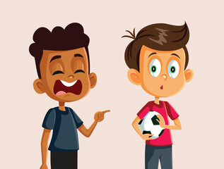 Unhappy Boy Crying Over Soccer Ball Vector Cartoon illustration. Hurt player accusing other of foul friends fighting concept drawing 
