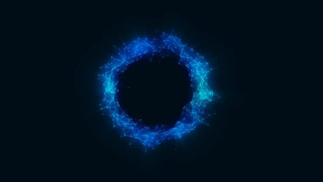 Animated neon linear ring symbol. Glow logo frame. Pattern of plexus chaotic lines and dots. Circle of pure energy. Screensaver is cosmic. Intro for technology, presentation, business . 4k