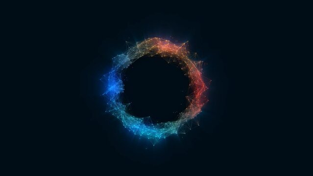 Animated neon ring symbol. Fire and ice. Glow logo frame. Pattern of plexus of chaotic lines and dots. Magnetic field. Force of gravity. Screensaver for technology, presentations, business. 4k