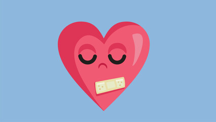 Fototapeta premium Sad Unhappy Heart with a Plaster on Vector Cartoon Character. Symbol of a broken heart feeling grief and sadness 