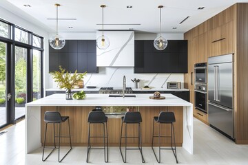 Chic Kitchen: A contemporary kitchen with sleek cabinetry, a large island, modern appliances, and decorative touches, all framed by a bright, white backdrop.