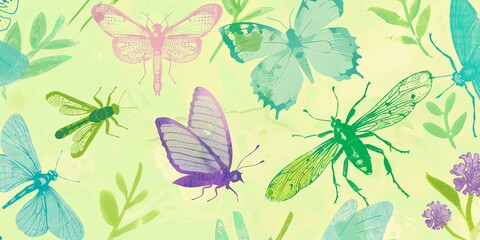 Obraz premium Seamless Pattern Illustration of Window Screens with Floral and Insect Motifs for Fresh Air and Insect Protection