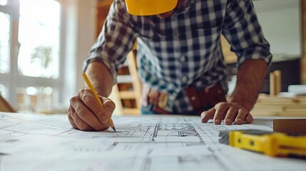 Man works on blueprints, Builder draws plans, engineer.