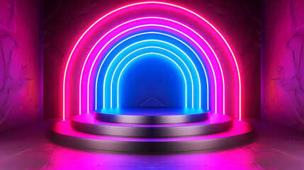 Podium Stage with geometric shapes and glowing neon lights in purple, blue, and pink, creating an atmosphere of futuristic technology, Abstract background with neon glowing