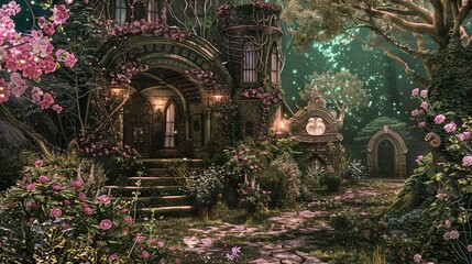 Fototapeta premium Fantasy Fusion' around a hidden fairy village in an enchanted garden, a style mixing reality and fantasy, in dreamy rose pink and mysterious emerald green