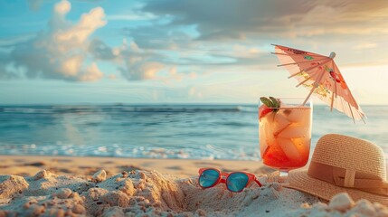 Beachside Indulgence A sunhat, sunglasses, and a cocktail drink with an umbrella, set against a backdrop of a sandy beach overlooking the ocean, creates the ultimate summer escape