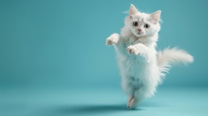 Fototapeta premium A playful white cat with a fluffy coat is captured mid-jump against a solid teal colored background, creating a sense of motion