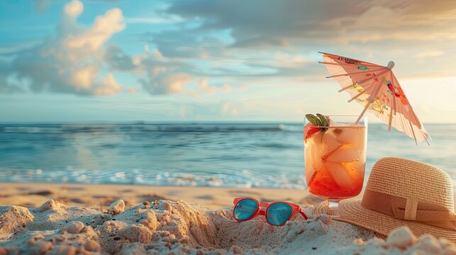 Beachside Indulgence A sunhat, sunglasses, and a cocktail drink with an umbrella, set against a backdrop of a sandy beach overlooking the ocean, creates the ultimate summer escape