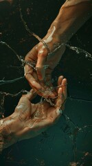Two hands reaching down into water touching each other.