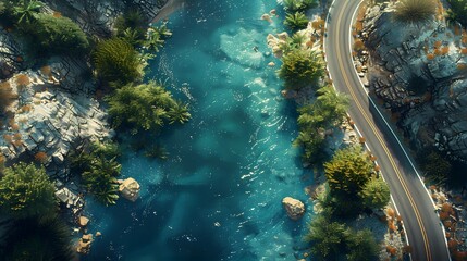 a top view of a road alongside a river, beautifully centered with sharp detail and a clear sky. 