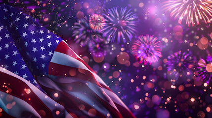 The American flag waving in the wind with fireworks in the background, celebrating the USA national holiday on July 4th in a festive concept