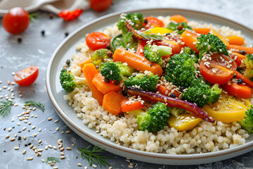 A delightful dish of rice and vegetables, featuring staple food rice, nutritious broccoli, and a tasty mixture of fines herbes. Served on a table with elegant tableware