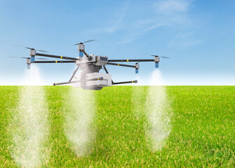 Agriculture technology with drone fly above and spray fertilizer