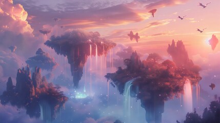 Floating Islands with Waterfalls in a Sunset Sky