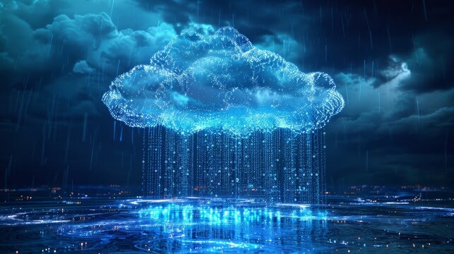 A conceptual image of a cloud raining streams of binary code onto a computer, illustrating the concept of data transfer and cloud services.